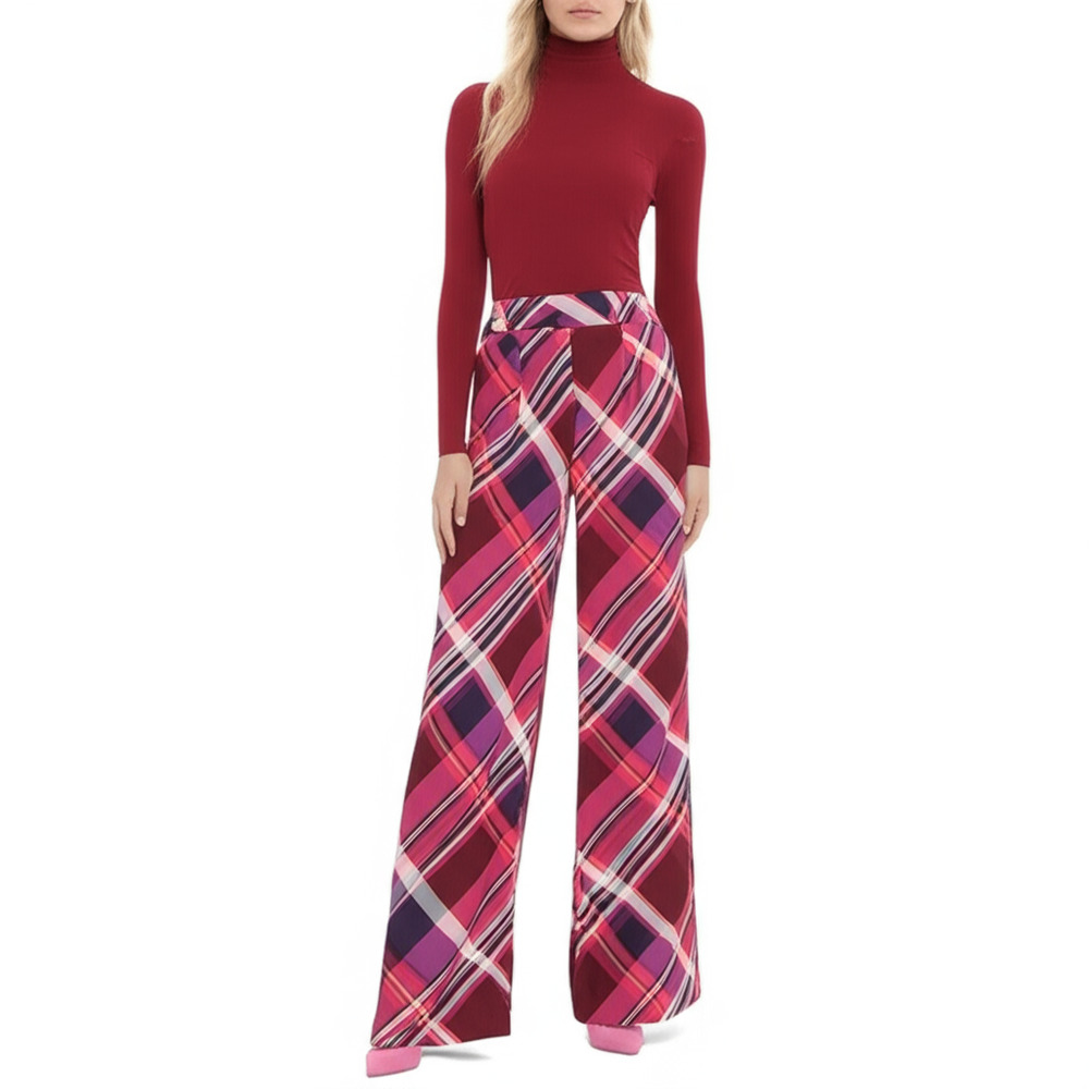 NY & Company Pants Women's M Berry Red Plaid High Waisted Wide Leg Pleated NWT